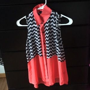 Sleeveless black, white, and coral button up Shirt